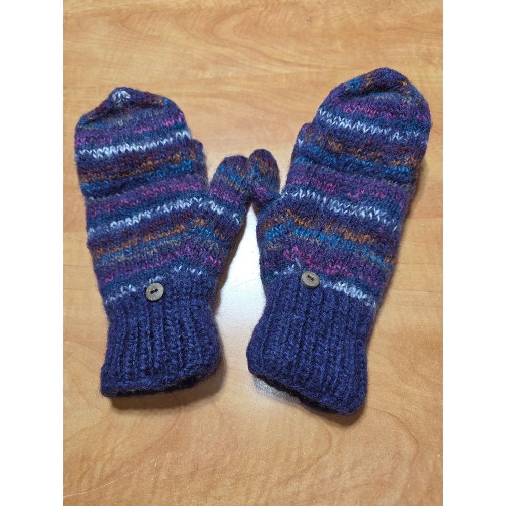 KTS Handmade in Nepal 100% Wool Fleece Lined Mittens Purple Striped Knit Boho - Picture 2 of 7